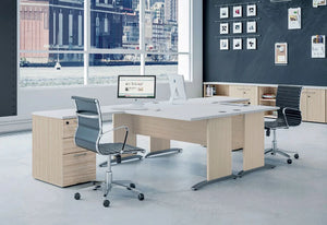 Buronomic Retro Sober And Rugged Desk In White Top Finish With Black Armchair And Wooden Bookcase