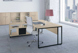 Buronomic Stricto Executive Desk Of Character In Oak Top Finish With White Armchair And Bookcase