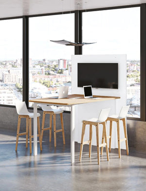 Buronomic Visio Hub Connected Collaborative Table In Oak Leg Finish With White High Stool And Black Rectangular Pendant Light