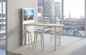 Buronomic Visio Hub Connected Collaborative Table In Oak Top Finish With White High Stool In Office Area