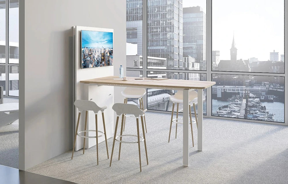 Buronomic Visio Hub Connected Collaborative Table In Oak Top Finish With White High Stool In Office Area