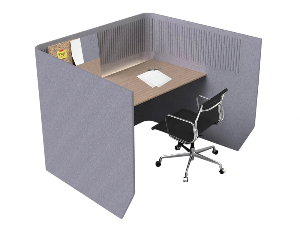 Buzzi Targa Acoustic Open Workstation Pod Grey With Brown Desk And Black Mesh Chair