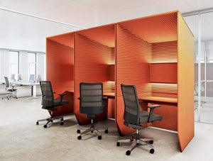 Buzzibooth Single Acoustic Orange Workstation Pod In Office With Ergonomic Chair