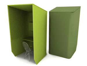 Buzzibooth Single Acoustic Workstation Pod Front And Back Green With Chrome Chair