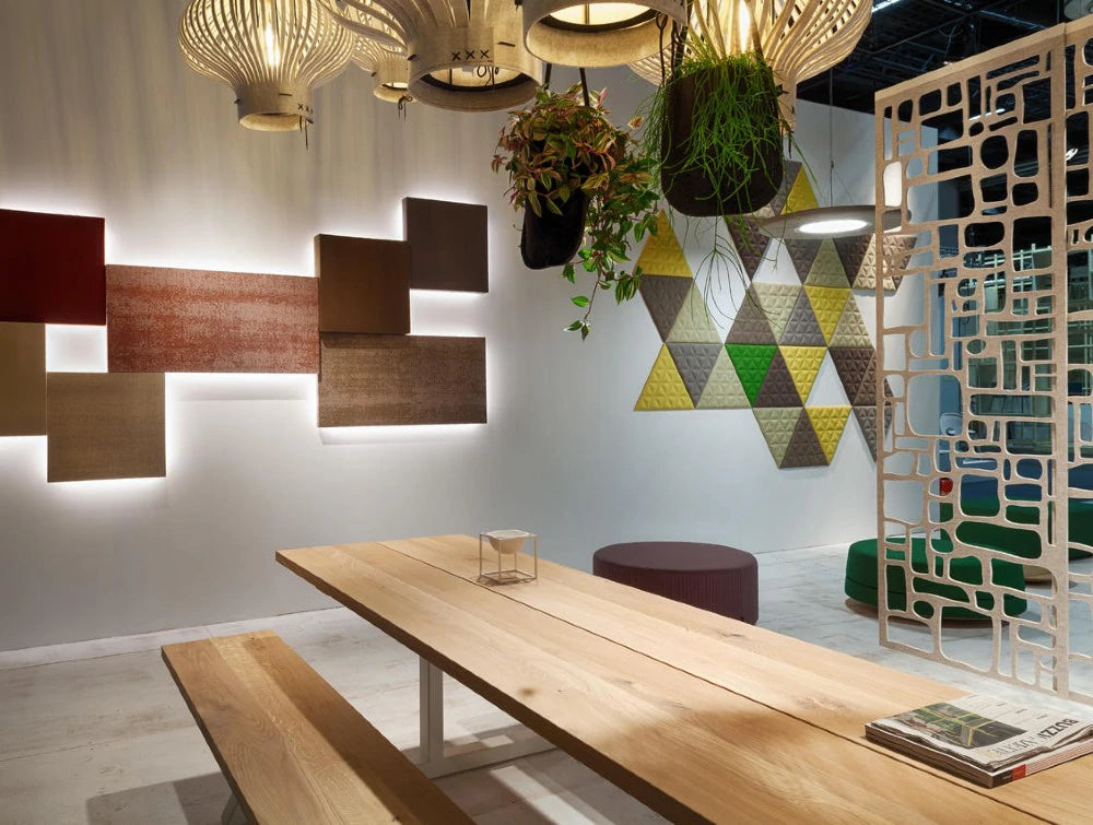 Buzzibreeze Farm Table 2 In Oak Finish With Pouf And Partition Screen In Breakout Area