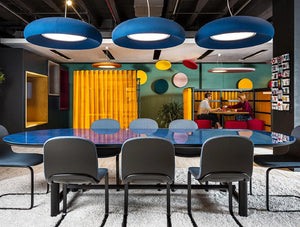 Buzzidome Pendant Acoustic Lighting 2 In Blue With Blue Oblong Table And Chairs In Meeting Area