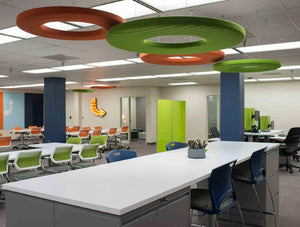 Buzzidonut Acoustic Panel 2 In Different Colors With White Tables In Working Space