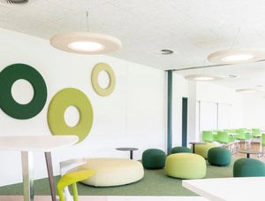 Buzzidonut Acoustic Panel 6 In Different Colors With Poufs In Breakout Area