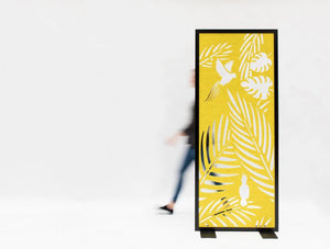 BuzziFalls Parrots Freestanding Screen for Office Divider Black Frame and Yellow Pattern