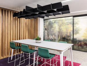 BuzziGrid Sound Absorbing Ceiling Solution 2 in Black with White Table and Green Chair in Meeting Room