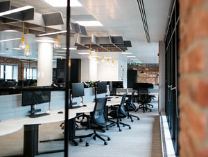 BuzziGrid Sound Absorbing Ceiling Solution 8 in Grey with Black Chair in Office Area Settings
