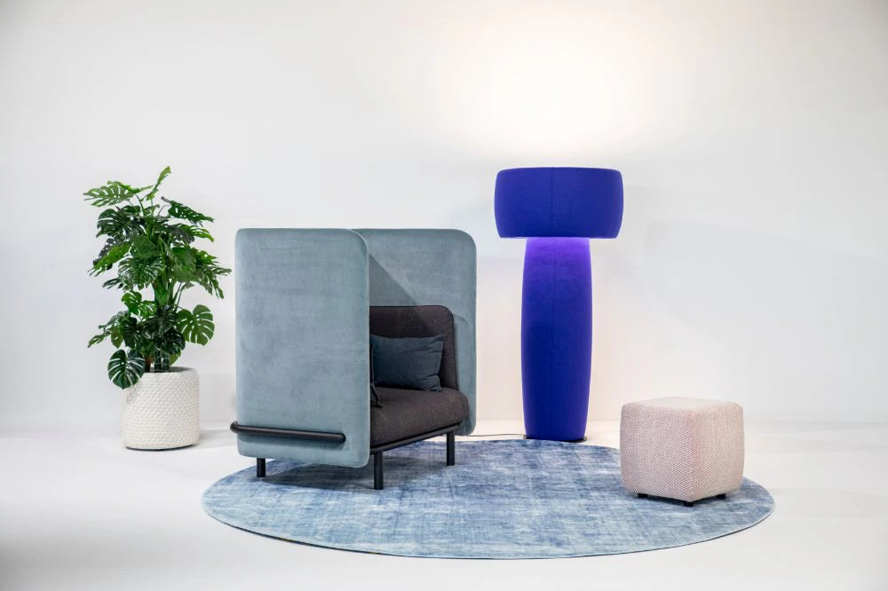 BuzziKnit Office Planter in White Finish with Blue High Back Sofa and Blue Standing Lamp with Square Pouffe