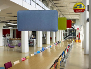BuzziLoose Acoustic Panel 6 in Different Colors with Long Table and Chairs in Cafeteria