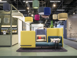 Buzziprop Pendant Light 2 In Different Color With Colored Sofa In Reception Area