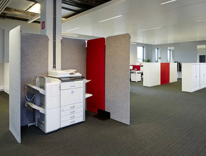 Buzziscreen Modular Freestanding Acoustic Room Dividers Open Plan Office Printer Red And Grey Panels