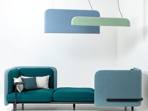 BuzziShield Acoustic Ceiling Light with Modular Seating and Cushion in Breakout Setting