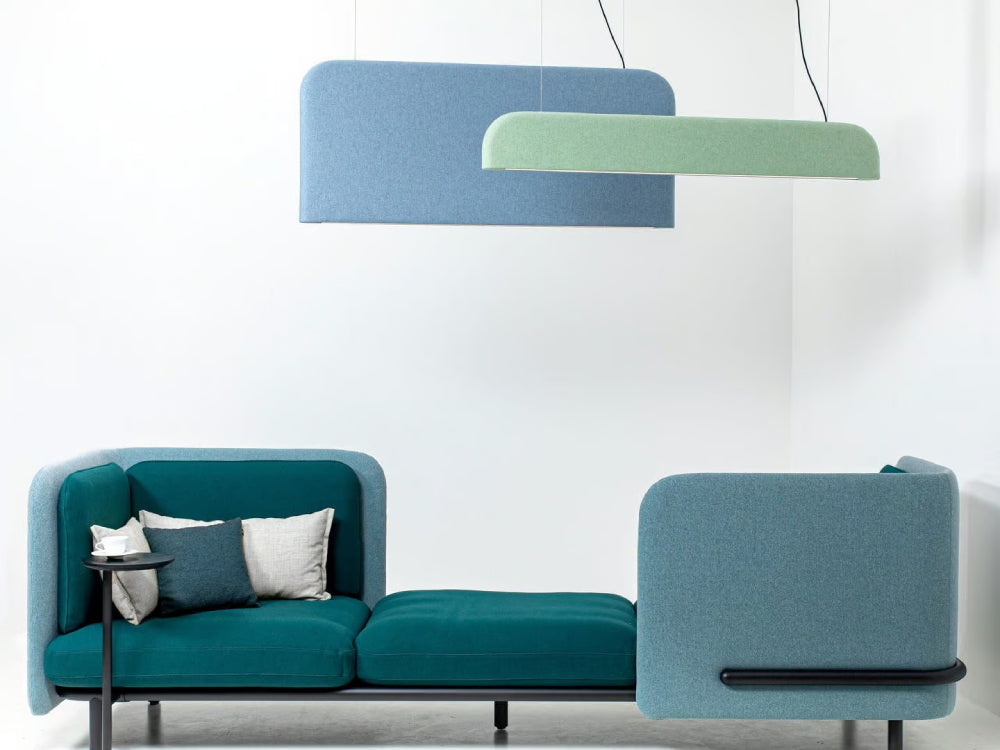 BuzziShield Acoustic Ceiling Light with Modular Seating and Cushion in Breakout Setting