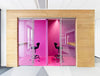 Buzziskin Acoustic Wallpaper 2 In Pink With Black Barstool And Bar Counter