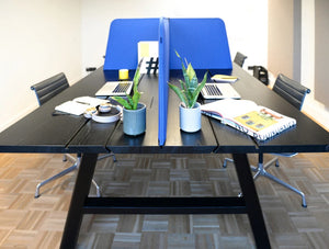 Buzzispace Desk Cross Acoustic Tabletop Screen Blue On Black Table With Meeting Room Chair