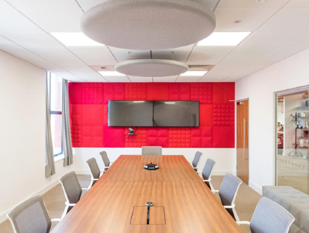 Buzzitile Wall Decor 2 In Red With Wood Top Table And Grey Chair In Conference Area