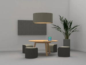 Buzzitrom Acoustic Lighting 2 In Grey With Grey Poufs And Round Wood Finish Table