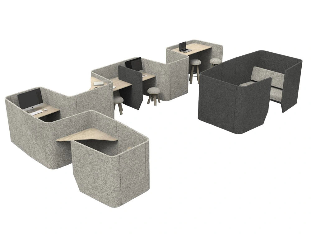 BuzziVille Modular Freestanding Acoustic Configurations Grey with Workstation Sofa Club Stool