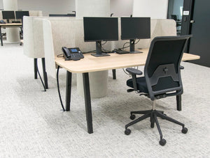 Buzziwrap Desk Panel 2 In White Attached To Wood Top Table With Black Chair In Office Settings