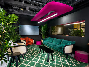 Buzzizepp Acoustic Panel Ceiling Light Fuchsia In A Waiting Room