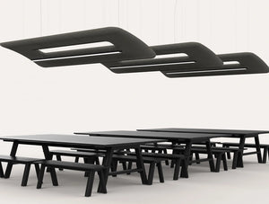 Buzzizepp Acoustic Panel Ceiling Light Slanted Above Black Table