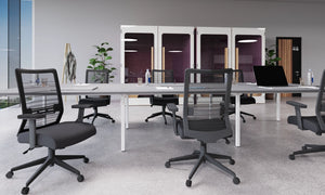 C Sense Bench Desk with Grey Top and White Legs with Dark Grey Mesh Back Chair