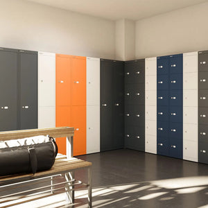 CLK Lockers in Different Finishes with Wooden Bench in Changing Room Setup