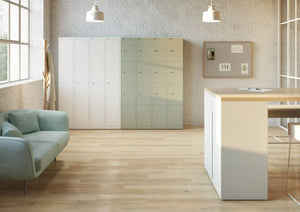 CLK Lockers in White and Green Finishes with Light Blue Sofa in Waiting Area Setup