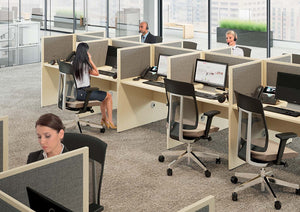 Call Centre Bench Desk With Grey Panel Finish And Mesh Back Office Chair In Office Settings