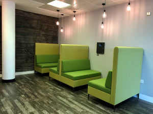 Cedric Banquet Seating In Green Finish With Pendant Light In Office Setting