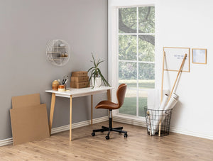 Charie Home Office Desk White 7 with Brown Leather Chair and Metal Wire Basket