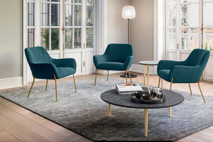 City Deco Armchair With 4 Deco Legs In Blue Green With Round Coffee Table In Living Room Setting