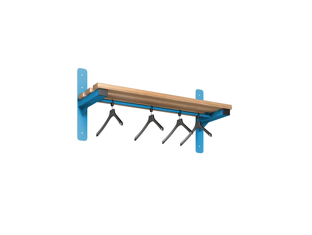 Cloakroom Wall Mounted Shelf and Rail - Cornflower Blue & Beech