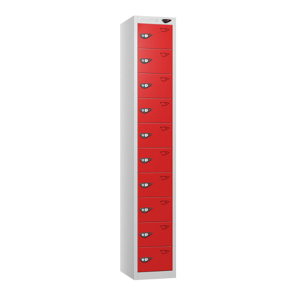 Compact 10-Door Steel Locker Pearl Silver Flame Red