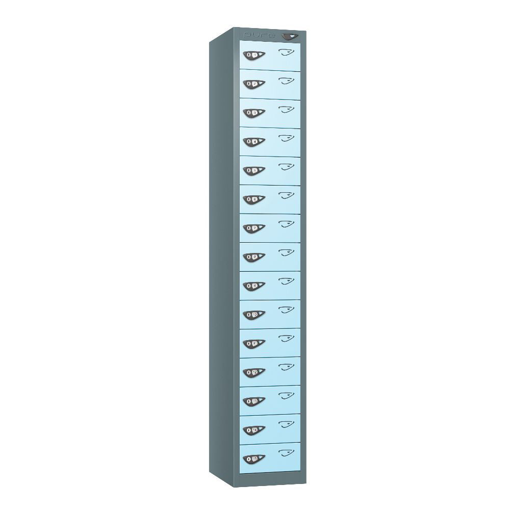 Compact 15-Door Steel Locker Slate Grey Ribbon Blue