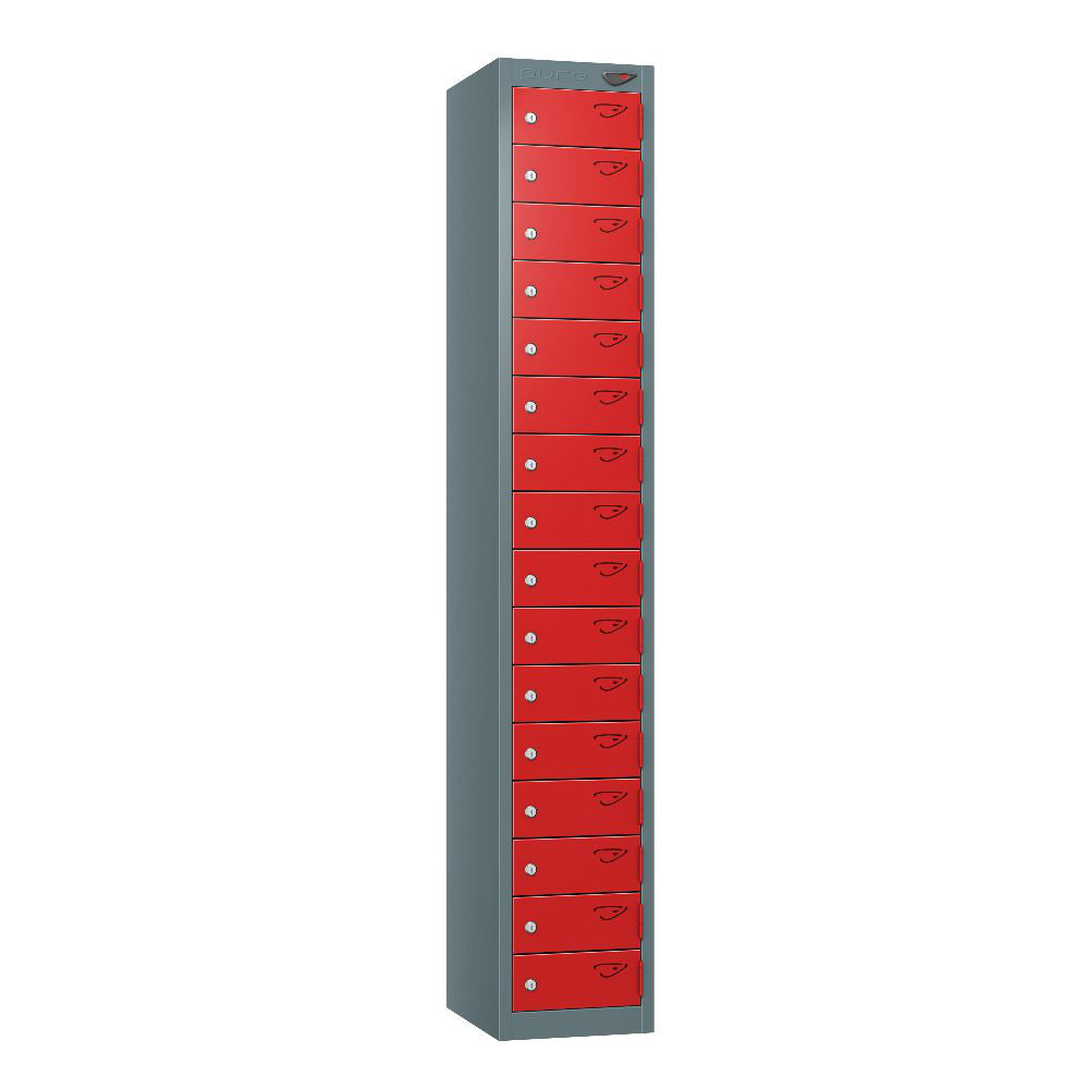 Compact 16-Door Steel Locker Slate Grey Flame Red