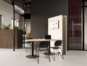 Confer Media Wall with Nexis Media Table in Oak Finish with Line Chair and Key Modular Back 2 Back Wooden Cupboard in Modern Office Setting 2