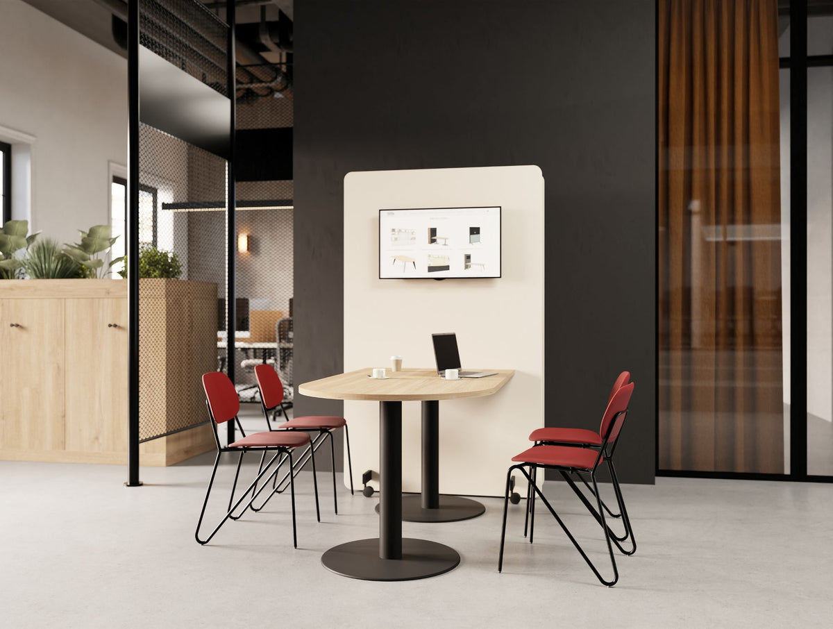 Confer Media Wall with Nexis Media Table in Oak Finish with Line Chair and Key Modular Back 2 Back Wooden Cupboard in Modern Office Setting 3