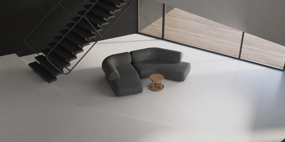 Daaz Modular Seating in Different Configurations in Dark Grey Finish with Small and Round Low Coffee Table