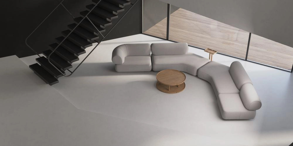 Daaz Modular Seating in Different Configurations with Low Round Coffee Table and Mini Side Table