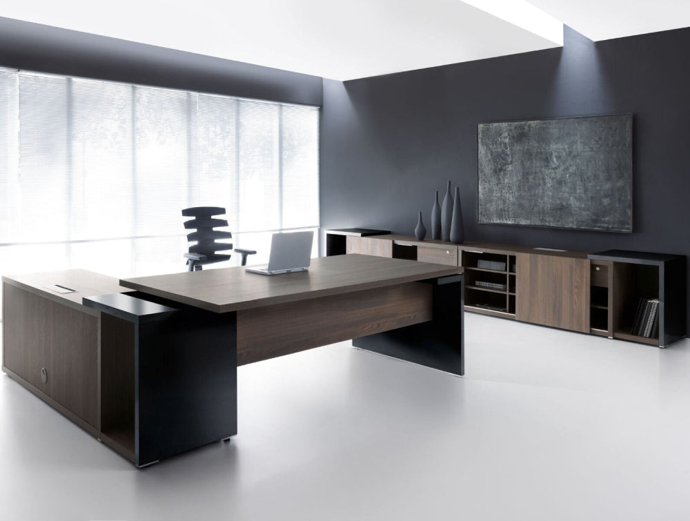 Dark Oak Executive Desk Office Furniture With Ergonomic Chair And Wooden Shelves In Executive Office Setting