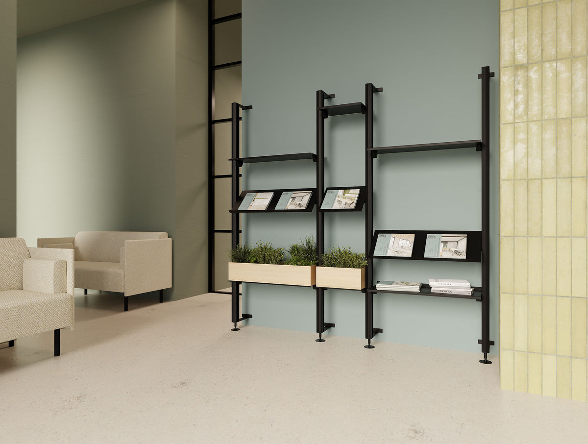 Decora Against the Wall Shelving Unit with Planters with Snug 2 Seater White Finish Sofa in Reception Setting