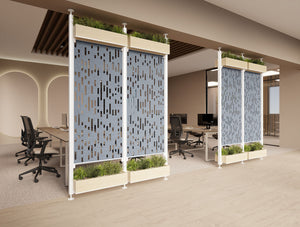 Decora Modular End of Desk Double Acoustic Panel with Planters in Blue Finish Together with Key Meeting Table and Jersey Task Chair in Modern Office Setting