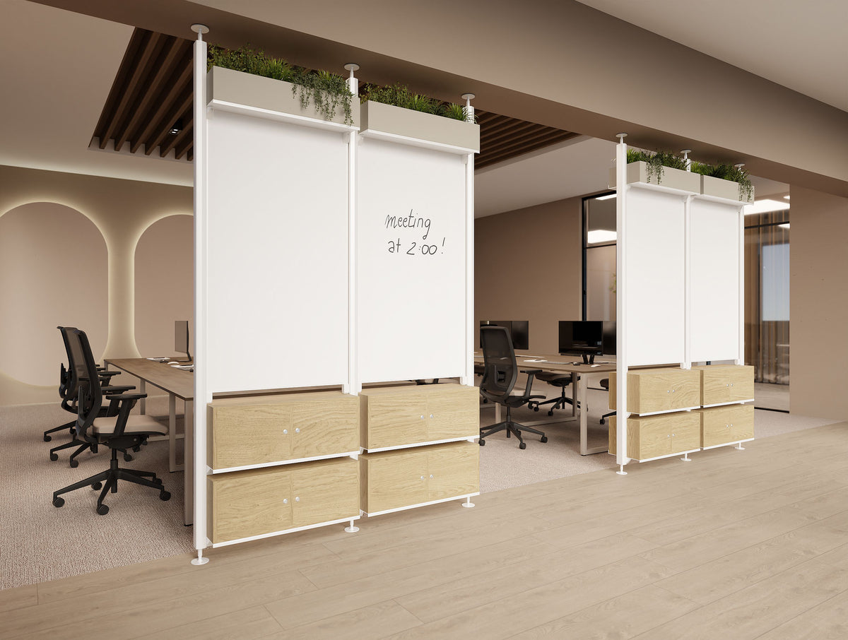 Decora Modular Glassboard and Lockers in White Frame Finish with Jersey Ergonomic Task Chair and Key Meeting Table in Modern Office Setting