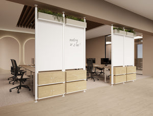 Decora Modular Glassboard and Lockers in White Frame Finish with Jersey Ergonomic Task Chair and Key Meeting Table in Modern Office Setting