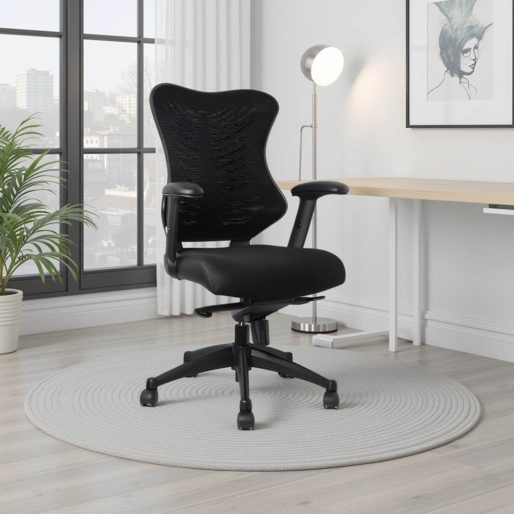 Delux Spine Ergonomic Mesh Chair with Floor Lamp and Indoor Plant in Modern Office Setting